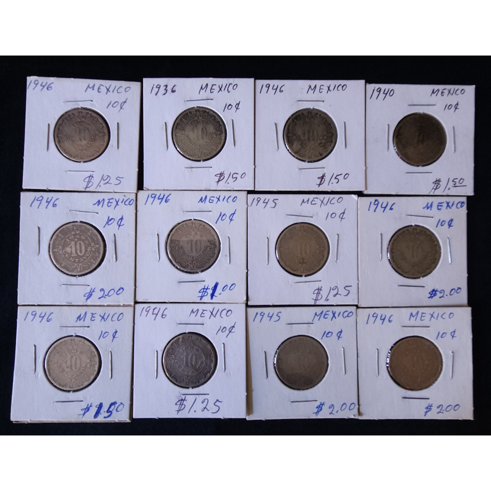 Mexico 10 Ten Centavos Lot Of 12 Coins Variety 1936 - 1946 World Foreign Aztec